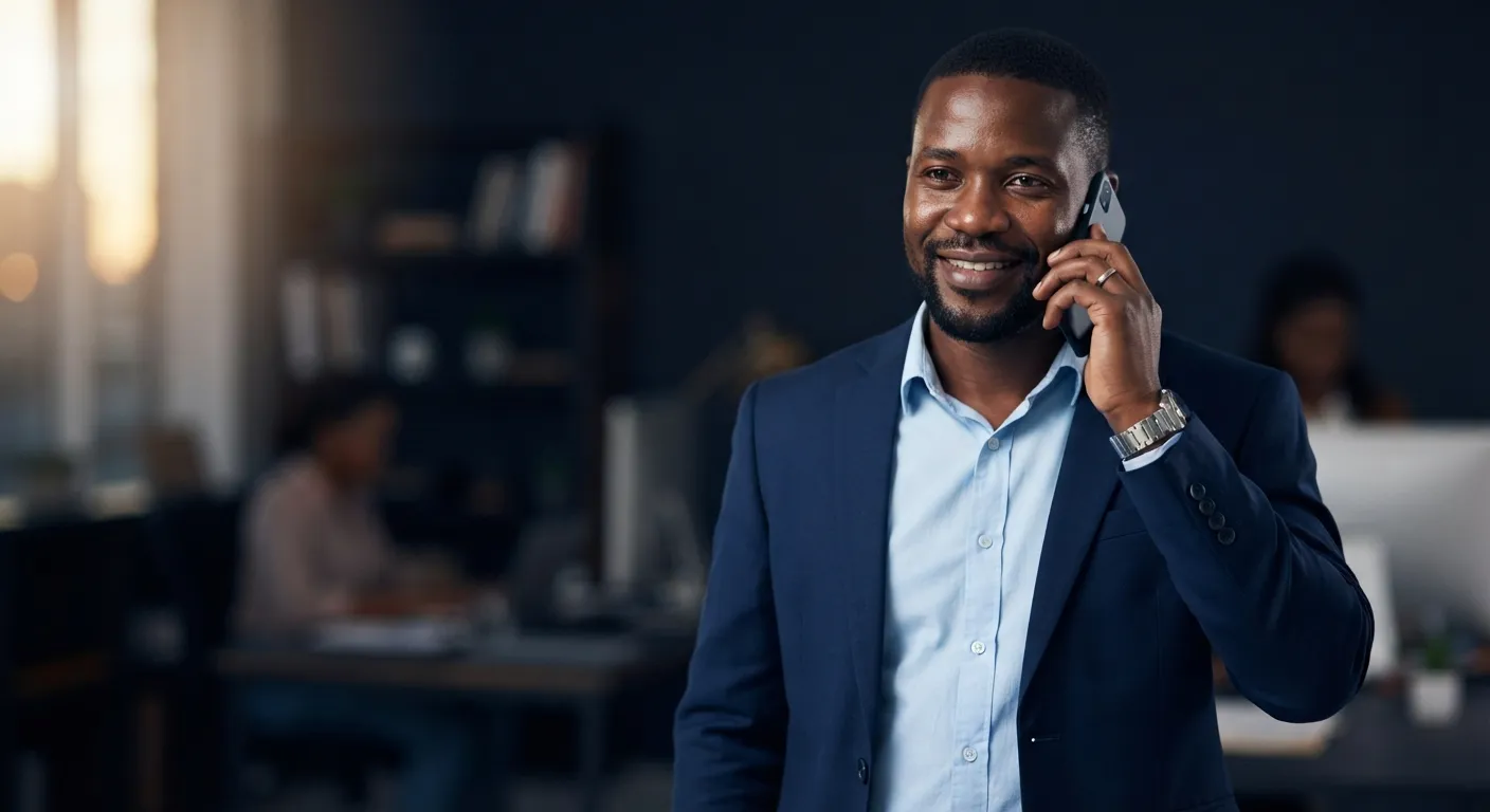 A businessman smiling as he takes a call on his phone