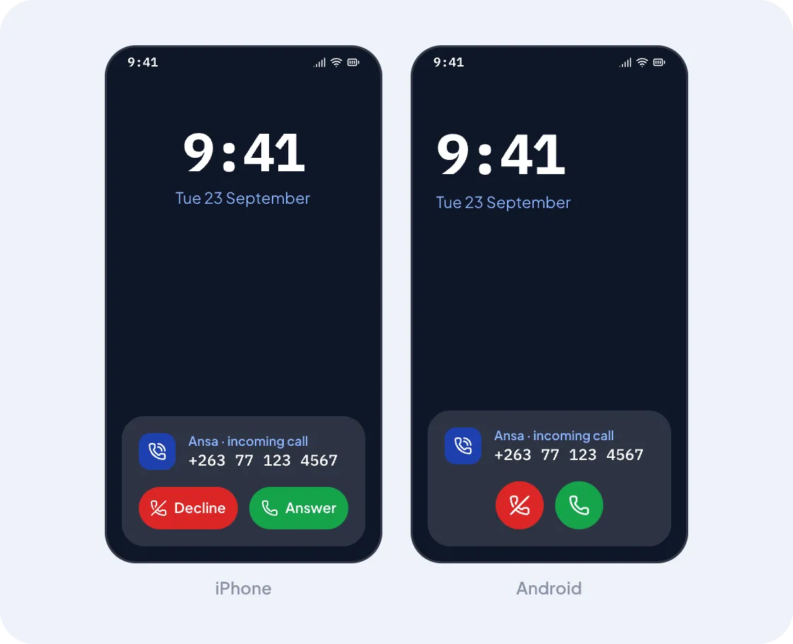 An incoming Ansa call on an iPhone lock screen and on an Android lock screen